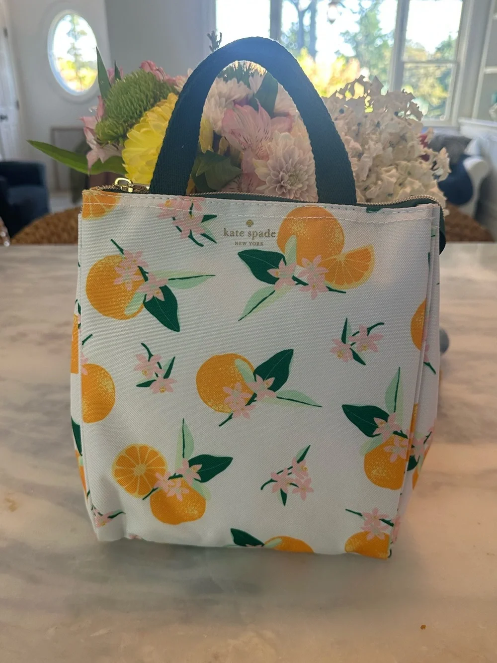 New kate spade White Citrus Print Tote with Green Handles & Insulated